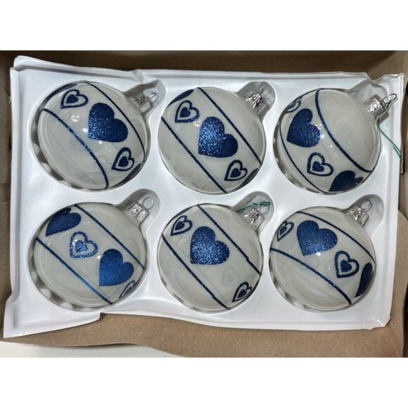 11 Vitbis Christmas Glass Ornaments Blue And White Glitter Heart Pattern - Picture 6 of 6